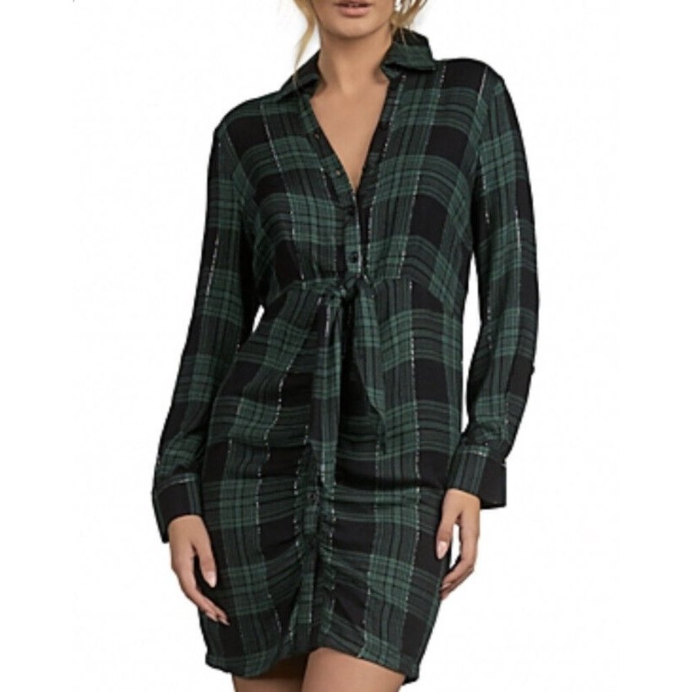 Elan Women’s Black Green Plaid Button Down Tie Front Shirt Dress XS